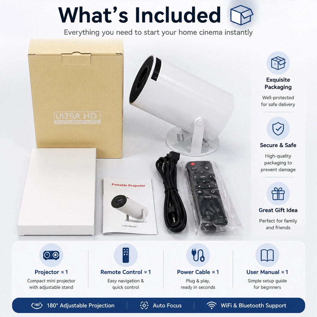 Smart Mini Projector 4K Support | Android TV 11, WiFi 6, Bluetooth 5.4 & Auto Focus