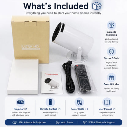 Smart Mini Projector 4K Support | Android TV 11, WiFi 6, Bluetooth 5.4 & Auto Focus