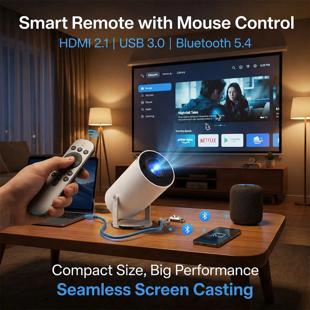 Smart Mini Projector 4K Support | Android TV 11, WiFi 6, Bluetooth 5.4 & Auto Focus