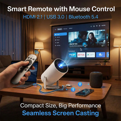 Smart Mini Projector 4K Support | Android TV 11, WiFi 6, Bluetooth 5.4 & Auto Focus